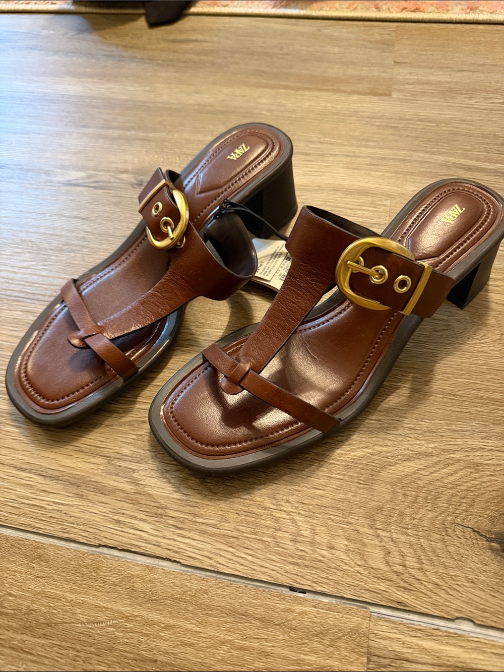 Zara Brown Leather T-Strap Mule Sandals with Gold Buckle
